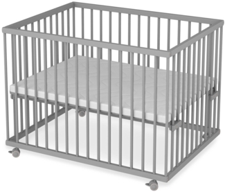 Sämann Laufstall Baby mit Lattenrost und Matratze | stufenlos höhenverstellbar | Laufgitter Premium | Babybett aus Holz | Krabbelgitter (grau, 75x100 cm)