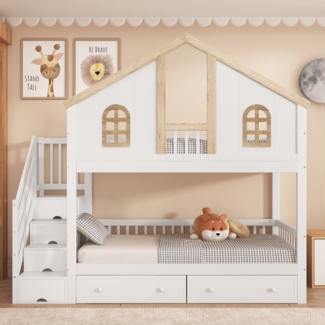 Merax Etagenbett, Kinderbett, mit farblich abgesetztem Fallschutzgitter, mit Fenster, Zwei Schubladen mit Rollen, Treppe mit 4 Ablagefächern, Kiefer+MDF, Weiß+Natur, 90x200cm