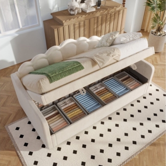 TavilaEcon Boxspringbett Schlafsofa, Hydraulisch Bett mit Stauraum, ohne Matratze, mit farbwechselbarem LED-Streifen, 90x200 cm, beige