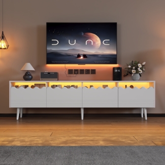 Lowboard mit 6 Stützbeinen, TV-Ständer mit 2 Schubladen und 2 Schränken, Fernsehschrank, Wohnzimmermöbel, TV-Board, passend für TV-Ständer bis zu 75 Zoll, TV-Schränke, Weiß, 176x38x45cm