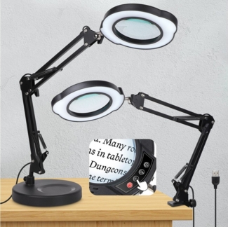 QUBEBU LED Klemmtischleuchte 10X Lupenlampe, Clip-On, 5 Farben, dimmbar, für Kopfteil Schreibtisch, 1 Kits, Dimmbar in 5 Farben, verstellbarer Standfuß, 360° schwenkbar, für Arbeit, Lesen, Hobbys, Nähen, Basteln, Juweliere, Modellbau