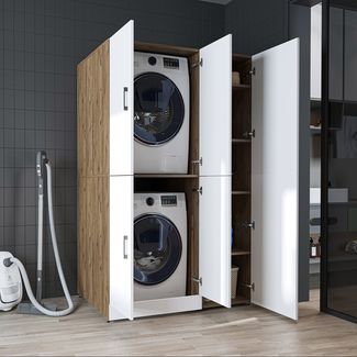 Roomart Waschmaschinenschrank - SERIE DORA-2- 115 cm breit – Waschturm für Waschmaschine & Trockner mit Regalböden – Überbauschrank für Waschküche & Hauswirtschaftsraum – ohne Aufsatzschrank - 3x Regalböden - Weiß Eiche