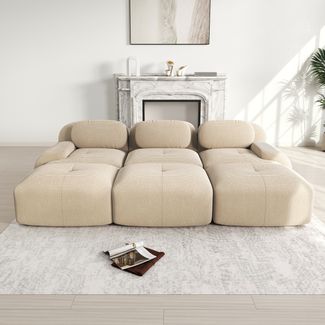 Modulares 3-Sitzer-Sofa mit 3 Hockern aus Cordstoff,montagefreie Lieferung haustierfreundlich ultra-breite Armlehnen 32D hochelastische Polsterung für Wohnzimmer und Heimkino,Cordstoff,Beige,