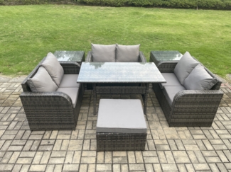 Fimous 7 Sitzer Outdoor Rattan Gartenmöbel-Set mit Terrassen Rechteckiger Esstisch Liebe Sofa 2 Beistelltischen Großer Fußhocker Dunkelgrau gemischt