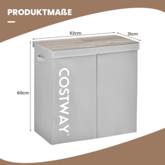 115L 2 Fächer Wäschekorb aus Vliesstoff mit Deckel & Griffen 62 x 31 x 60 cm Grau