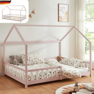 DELUKE® Kinderbett 140x200 OKLA - mit Lattenrost Rausfallschutz Haus-OptikEinzelbett aus Holz Hausbett Kinderzimmer Montessori Bett Rosa