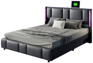 FUROKOY Polsterbett Hydraulisches Doppelbett Kunstleder Stauraumbett, mit USB-Anschluss und LED 140x200cm