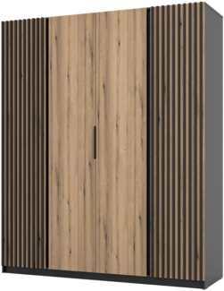 Selsey 'Kaja' Kleiderschrank 4-türig mit seitlichen Lamellen, Eiche/schwarz, ca. 239 x 200 x 62 cm