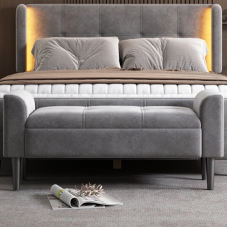 Polsterbank mit Armlehnen Grau – Bettbank Betthocker Schlafzimmerbank Sitzbank mit Steppmuster Samt modern vielseitig