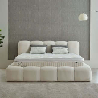 abc bedding Boxspringbett Komfortbett KAONA im stilvollen beige bouclé Stoffdesign, Voll-orthopädisches Schlafsystem inklusive Bettkasten