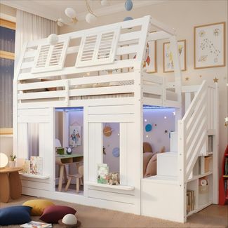 Merax Etagenbett, Hochbett, Kinderbett, Holzbett, Hausbett 90x200cm mit LED, Rausfallschutz und Stauraumtreppe, Fenster-Form, weiß