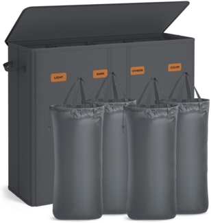 SONGMICS Wäschekorb mit 4 Fächern, 210 L, mit Deckel, 5 Etiketten, herausnehmbarer und waschbarer Innensack, Waschküche Schlafzimmer, dunkelgrau