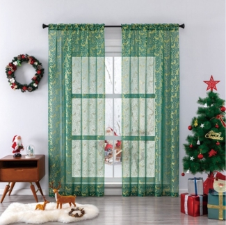 Jibenhome Gardine Weihnachten Vorhang Goldprägung,Voile Gardinen Weihnachtsdeko,2er Set (2 St), halbtransparent, Transparentvorhang,Weihnachtsdeko,Luxuriöser Goldfolien Druck