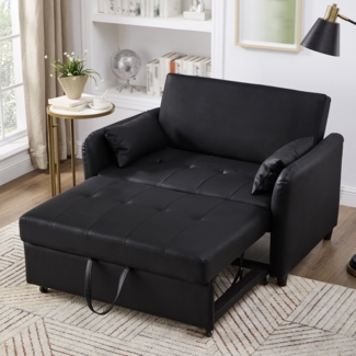 Merax Multifunktionales Sofabett, Zweisitzer-Ausziehbares Sofabett, 3-stufig verstellbare Rückenlehne, wasserabweisendes PU-Material, Schwarz