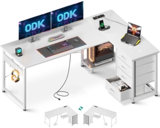 ODK Eckschreibtisch L-Form Weiß mit Schubladen und Steckdosen 155x110 cm