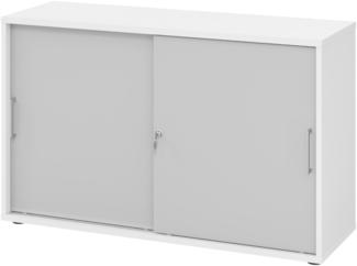bümö Schiebetürenschrank 2OH - Aktenschrank abschließbar, Sideboard Schrank mit Schiebetüren in Weiß/Grau, Bügelgriff - Büroschrank aus Holz mit Schiebetür, Büro Kommode für Ordner & Co, 1752S-W-5-BS