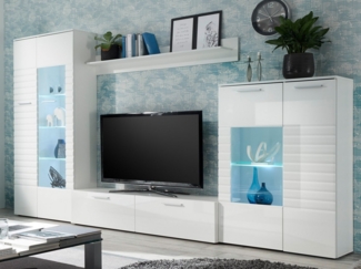 Wohnwand NEW LONG weiß Hochglanz Glasböden mit LED