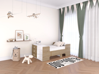 Vente-unique - Bett mitwachsend mit Stauraum - 90 x 140/170/200 cm - Holzfarben & Weiß - GAROLIO