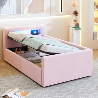 Merax Polsterbett Einzelbett Kinderbett 90*200 cm, Mit LED-Licht, Mit Nachtlicht und USB-Ladeanschluss, Mit Regal, Mit Hydraulischem Stauraum, Samt, Rosa