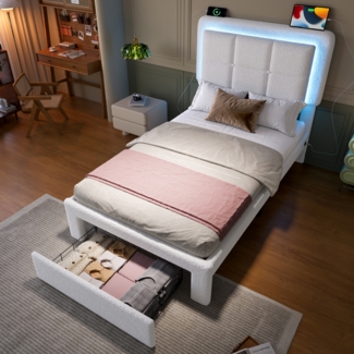 LVHOM Polsterbett 90x200 cm mit LED und USB, Einzelbett mit höhenverstellbarem Kopfteil, Jugendbett mit Schublade, Kinderbett Begestell Massiv, Weiß