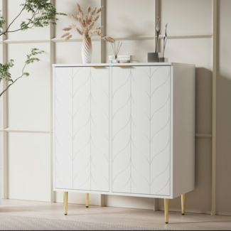 IDEASY Sideboard Anrichte in floralem Muster, weißes Sideboard 2 oder 3 Türen verfügbar, Vergoldete Beine und Griffe, 2 Etagen mit 6 Fächern, Kippsicherung