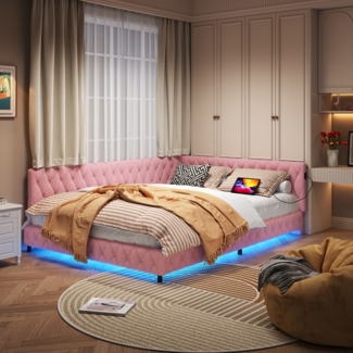 Polster-Schlafsofa 140 x 200 cm mit LED-Beleuchtung und USB-Ladeanschluss, Lattenrost aus Holz, Einzelbett, Plüschstoff (Rosa)