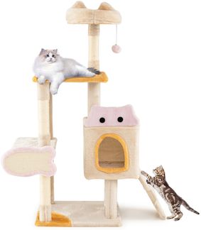 Klein Kratzbaum mit Fischförmigem Kratzbrett Holz Katzenbaum Katzenkratzbaum Kletterbaum