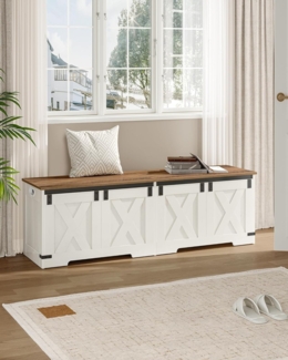 Schuhbank, Sitzbank mit Stauraum, Aufbewahrungsschrank, 2 Stabilen Scharnieren, Scheunenstil, 40 x 150 x 48,5 cm, Sitztruhe für Eingangsbereich, Schlafzimmer, Weiß Braun