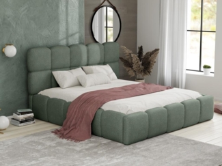 Vente-unique - Bett mit Bettkasten - 140 x 190 cm - Bouclé-Stoff - Mandelgrün - DAMADO von Pascal Morabito