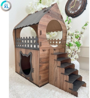 Jungengel Tierhaus Zweistöckiges Katzenhaus aus MDF – Braun & Dunkelbraun, Holzoptik, Balkon, Werkzeugloser Aufbau, Katzenöffnung, 2 Etagen