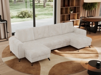 U-förmige Ecksofa, XXL Universalecke mit losen Kissen zum Wohnzimmer, Bettkästen und Schlaffunktion, schwarze Metallbeine - AXEL U - Beige Cord