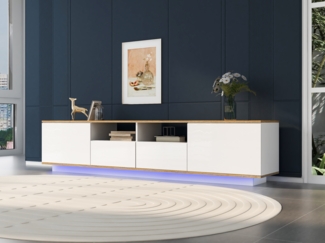 TV-Ständer 180x40x50 cm, Weiß + Eichenfarbe, 6 Stauräume, 2 Schubladen, 2 Schranktüren, 2 offene Regale