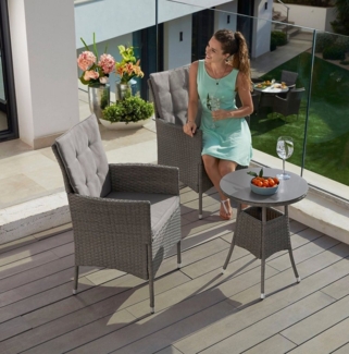 KONIFERA Garten-Essgruppe Balkonset "Mailand", (Set, 7-tlg, 2 Sessel, Tisch Ø 50 cm, inkl. Auflagen), Polyrattan, Tischplatte aus Sicherheitsglas, verzinkter Stahl