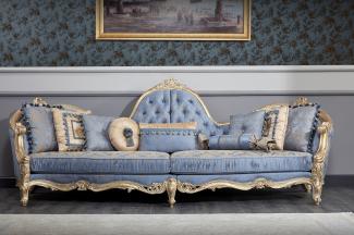 Casa Padrino Luxus Barock Chesterfield Sofa Hellblau / Antik Gold 300x90 x H. 119 cm