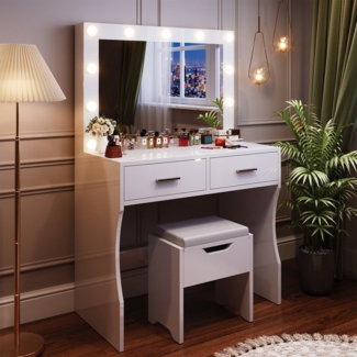 HOMALL Schminktisch mit LED-Beleuchtung,12 Lichtkugeln,einstellbare Helligkeit,mit Spiegel (90 x 40 x 137 cm, drei Helligkeitsstufen einstellbar,mit Hocker, Hocker mit Stauraum)