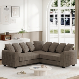 L-Form Ecksofa mit Plush-Bezug,modulare Kombi, bequemes Wohnzimmer-Sofa mit Armlehnen, Rückenkissen, 9 Kissen,Braun