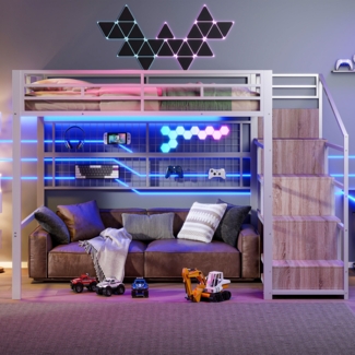 Merax Hochbett, 140 x 200cm Kinderbett, Doppelbett Eisenrahmen, Kleiderschrank, Stauraumleiter, Gitter zum Aufhängen von Gegenständen, Freifläche unter dem Bett, 7-farbige LED-Leuchten, weiß