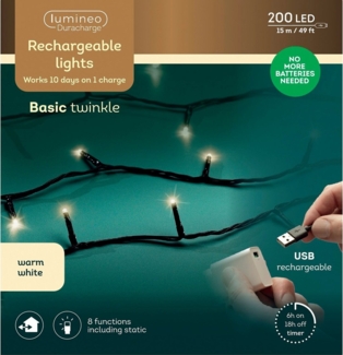 Lumineo LED-Lichterkette Lumineo Lichterkette BASIC Twinkle, 200 LED 15 m, warm weiß, mit USB, Indoor/Outdoor, 8 Funktionen, 6h-Timer, wiederaufladbar