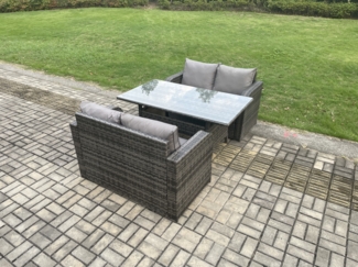 Fimous Terrassen Rattan Gartenmöbel-Set mit Langer rechteckiger Esstisch 4 Sitzer Outdoor Loveseat Sofa Set Dunkelgrau gemischt
