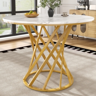 Merax Runder Esstisch (80×80×76cm), Küchentisch,, Runder Kaffeetisch für 4, Tischbeine aus Metall, Weiß MDF marmorierte Tischplatte, goldene Beine