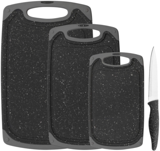 Schneidebrett-Set, 4-teilig, inkl. Messer, Granit-Look, grau