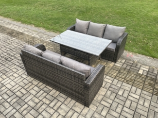 Fimous Rattan Gartenmöbel-Set mit Langer rechteckiger Esstisch 6 Sitzer Outdoor 3 Sitzer Sofa Set Dunkelgrau gemischt
