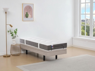 Dekoratives Bett mit elektrischer Relaxfunktion + 3-Zonen-Matratze aus 100 % Latex - 80 x 200 cm - Stoff - Beige - PANISOLA von DREAMEA