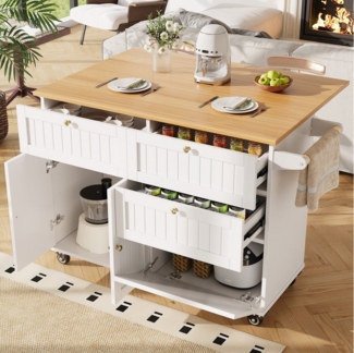 HAUSS SPOLE Küchenwagen mit Holzmaserung, Speicherraum, mit Stretchfunktionsschränken, weiß, (Moderne Multifunktionale Kücheninsel mit Stauraum & Holzmaserung – Höhenverstellbare Stützfüße, Mobile Nutzung & Dekorative 3D-Schranktüren)