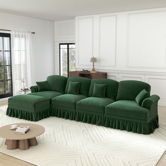Flieks 4-Sitzer Ecksofa, Modular L-Sofa mit 4 Kissen & 1 Ottoman, abnehmbarer Volant, Flared-Armlehnen & Holzbeinen, Chenille, Grün