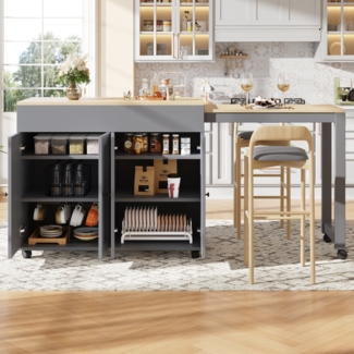 Merax Moderner ausziehbarer Bartisch(118-180×50×94cm) ,Ausziehbarer Esstisch mit Stauraum , mit sechs AblageflächenStehtisch Bistrotisch, für Esszimmer,Verwendung als Wohnzimmertrennwand, Grau