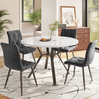 Merax Esstisch- und Stuhlset (5-teilig), modernes, schlichtes rundes Esstisch- und Stuhlset aus Marmor, Tischbeine aus schwarzem Metall + 4 ergonomische Stühle aus grauem Wildleder