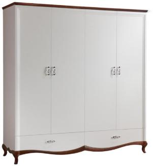 Casa Padrino Luxus Jugendstil Schlafzimmerschrank Hochglanz Weiß / Braun 204,4 x 62,5 x H. 209,5 cm - Massivholz Kleiderschrank mit 4 Türen und 2 Schubladen - Schlafzimmer Möbel