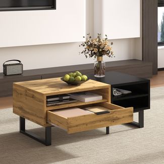 Couchtisch mit Schublade und 3 offenen Fächern, Wohnzimmertisch in Schwarz-Holz-Optik