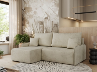 Ecksofa für das Wohnzimmer, mit losen Kissen, Schlaffunktion und Bettkästen, L-förmiges Ecksofa mit Armlehnen, Wellenfeder - ARPA - Beige Velours - linke Seite
